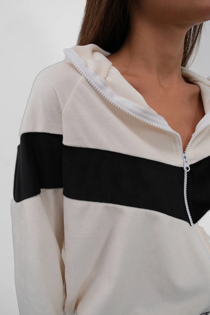 Garnished Zippered Velvet Tracksuit White Set