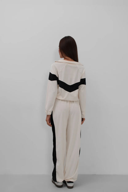 Garnished Zippered Velvet Tracksuit White Set