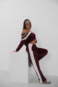 Trim Detail Zippered Andlvet Tracksuit Burgundy Set