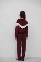 Trim Detail Zippered Andlvet Tracksuit Burgundy Set
