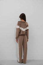 Trim Detail Zippered Andlvet Tracksuit Brown Set