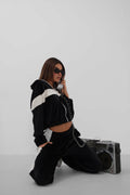 Trim Detail Zippered Andlvet Tracksuit Black Set