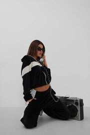 Garnished Zippered Velvet Tracksuit Black Set