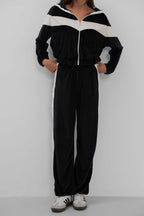 Trim Detail Zippered Andlvet Tracksuit Black Set