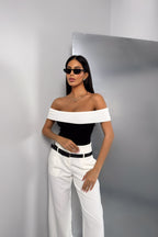 Trimmed Boat Neck Black White Blouse