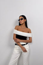Trimmed Boat Neck Black White Blouse