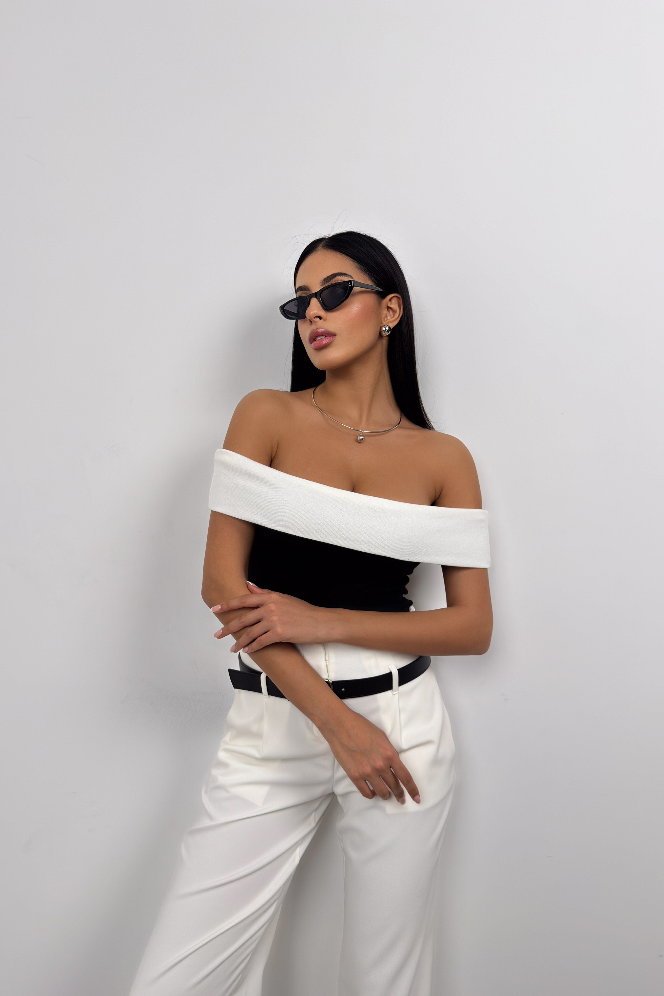 Trimmed Boat Neck Black White Blouse