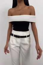 Trimmed Boat Neck Black White Blouse