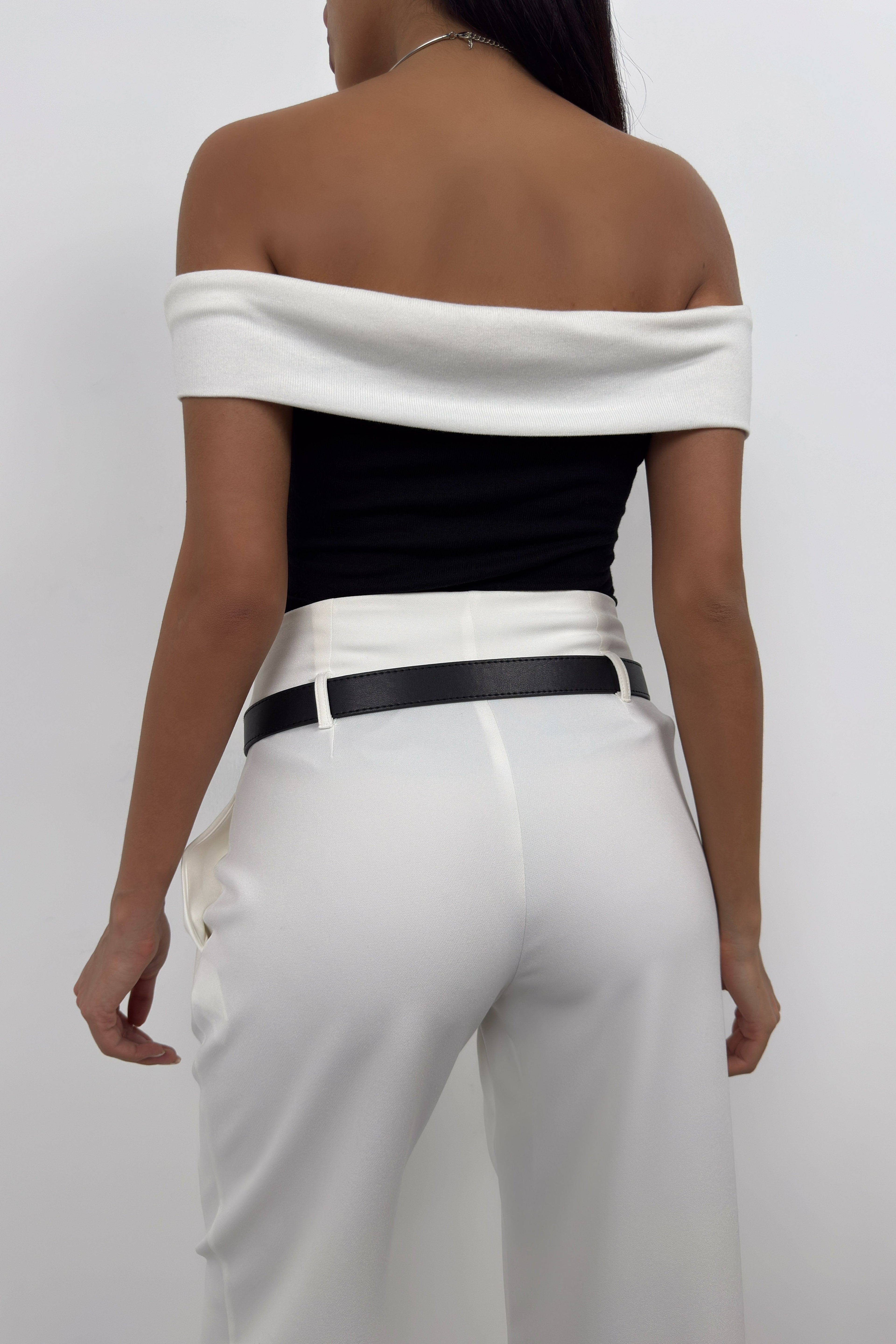 Trimmed Boat Neck Black White Blouse