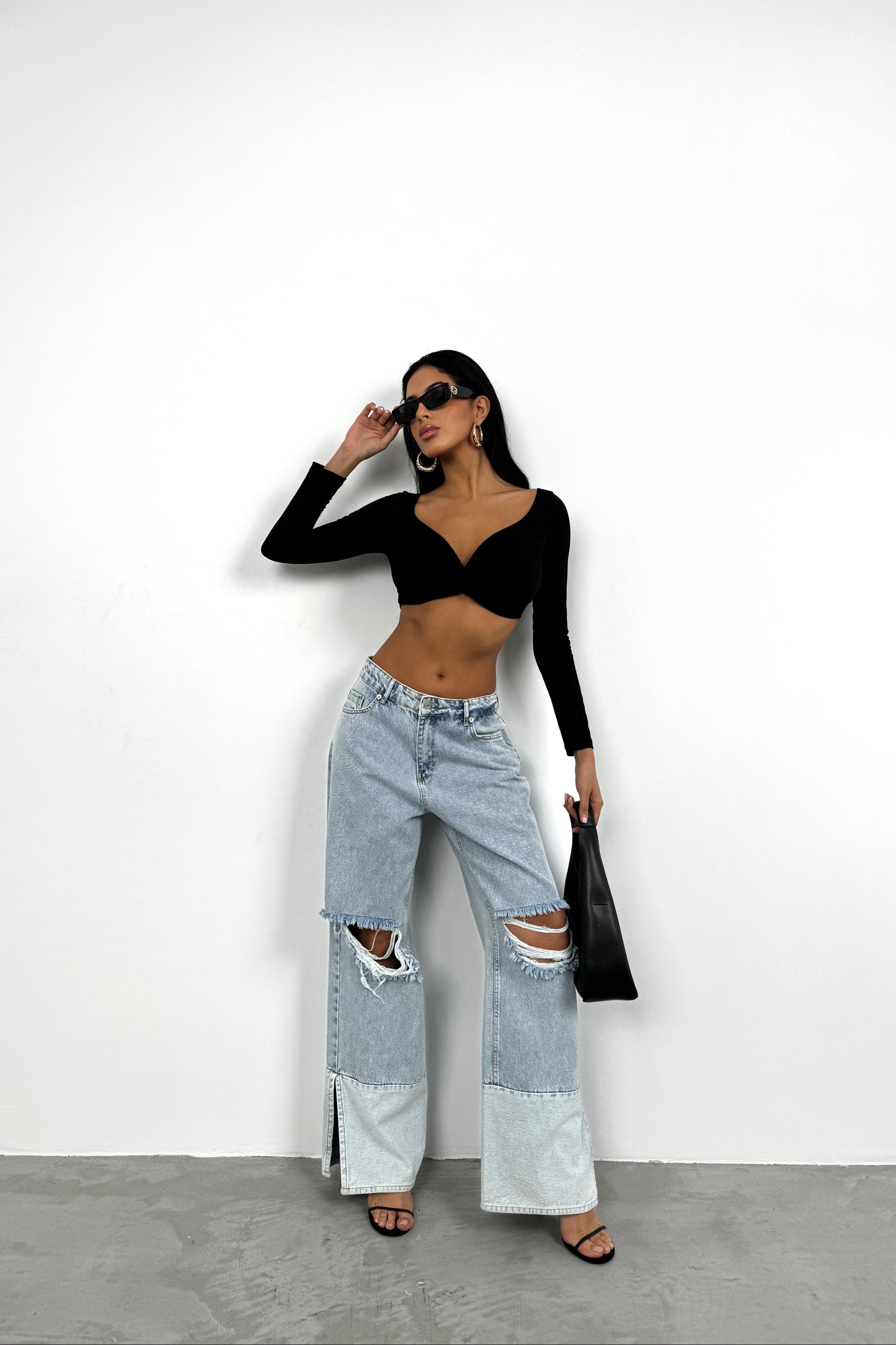 Wide-Leg Laser-Cut Light Blue Jeans