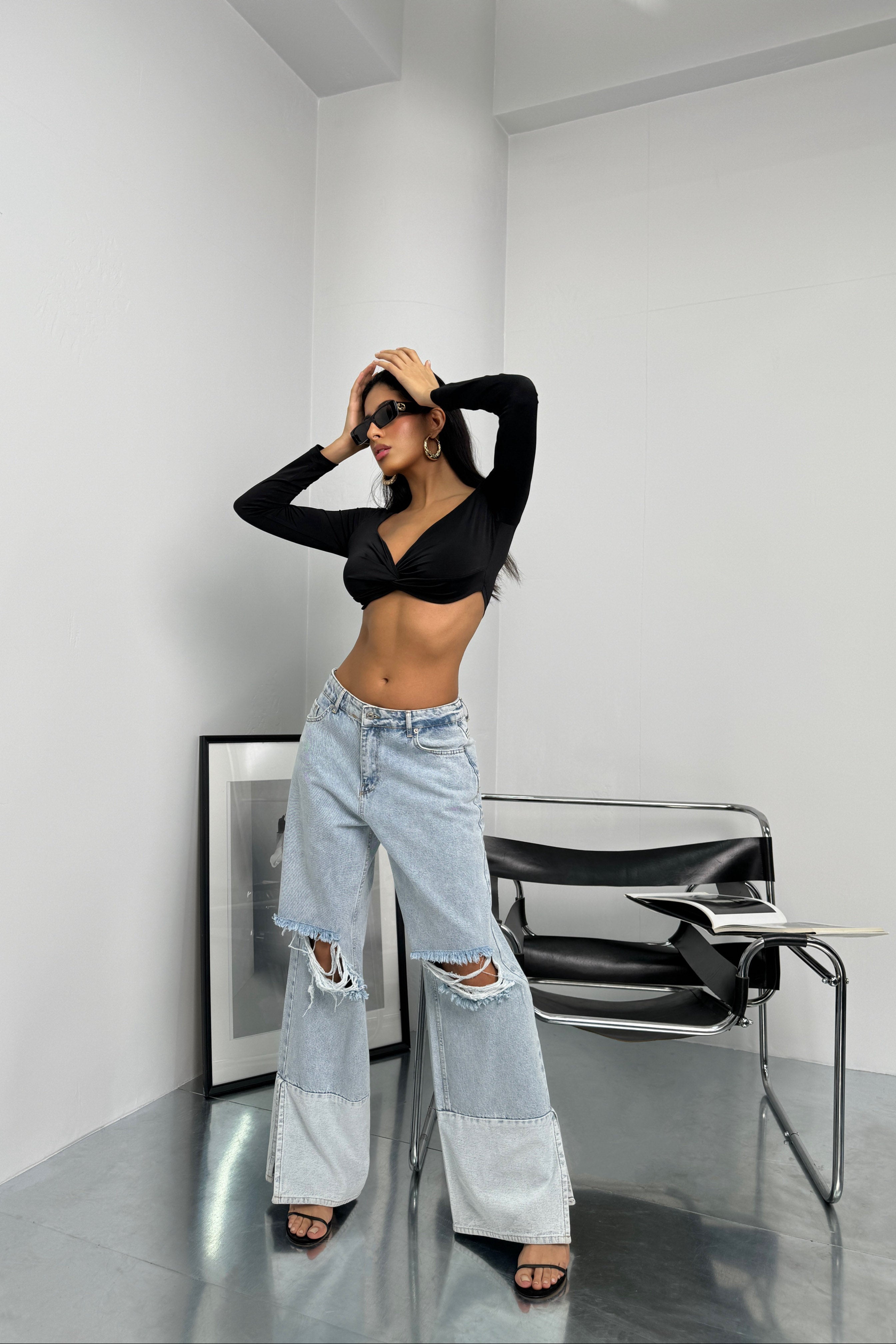 Wide-Leg Laser-Cut Light Blue Jeans