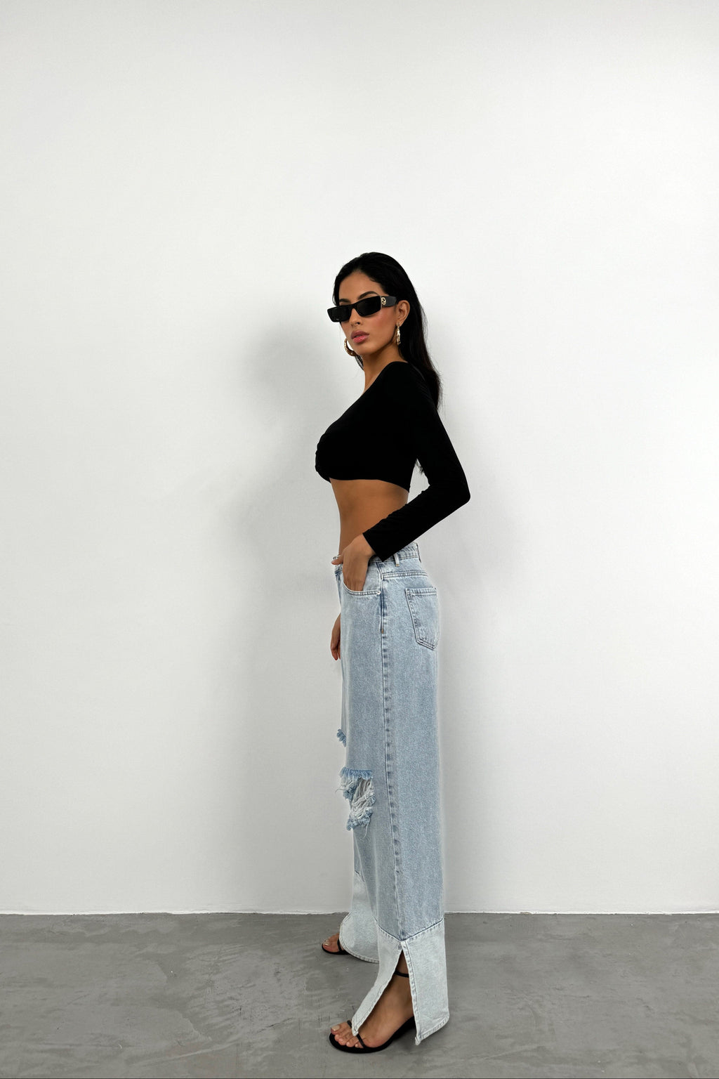 Wide-Leg Laser-Cut Light Blue Jeans