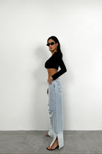 Wide-Leg Laser-Cut Light Blue Jeans