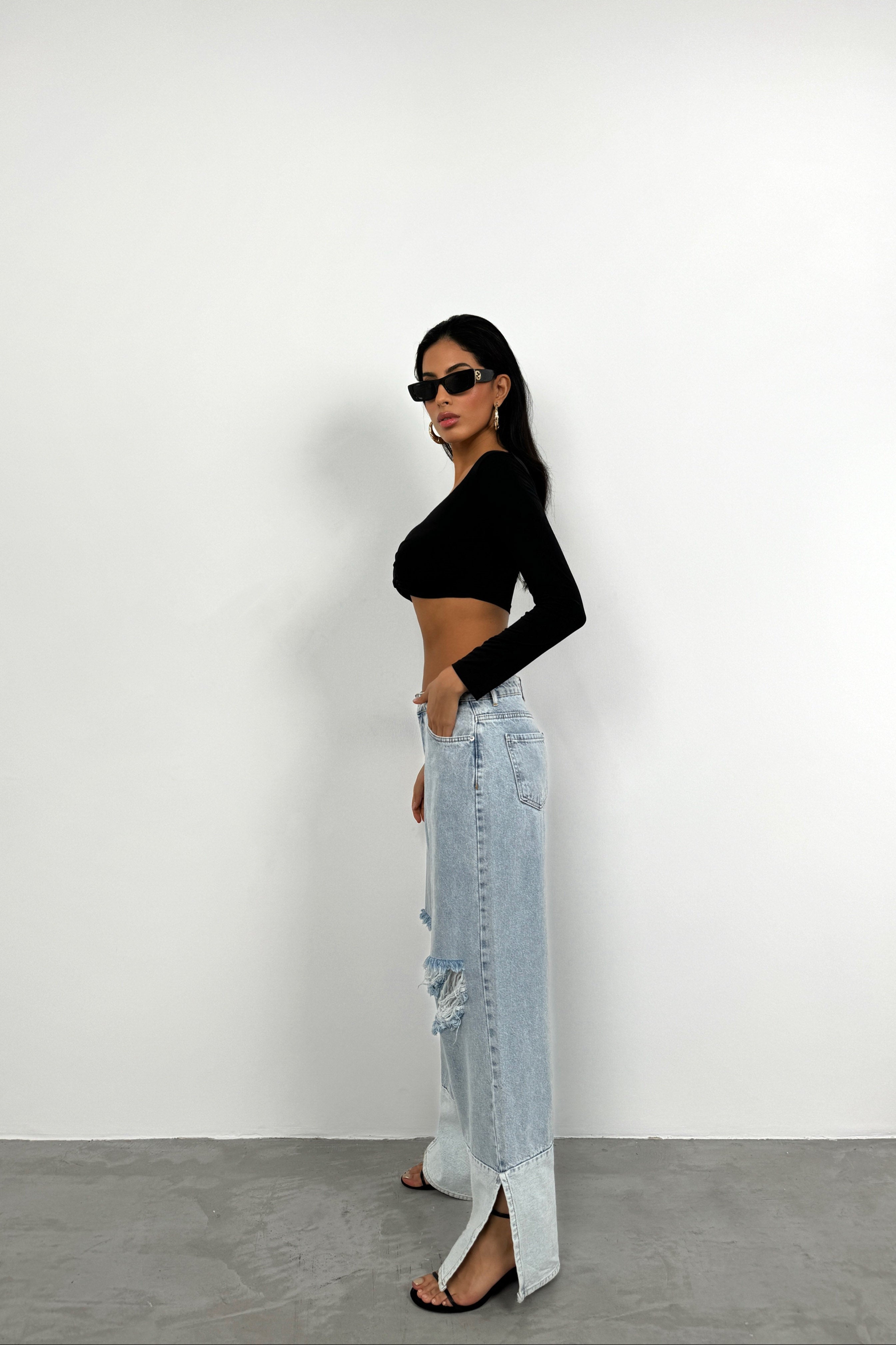 Wide-Leg Laser-Cut Light Blue Jeans
