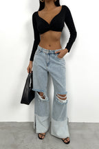 Wide-Leg Laser-Cut Light Blue Jeans
