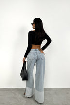 Wide-Leg Laser-Cut Light Blue Jeans