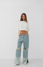 Wide-Leg Laser-Cut Blue Jeans