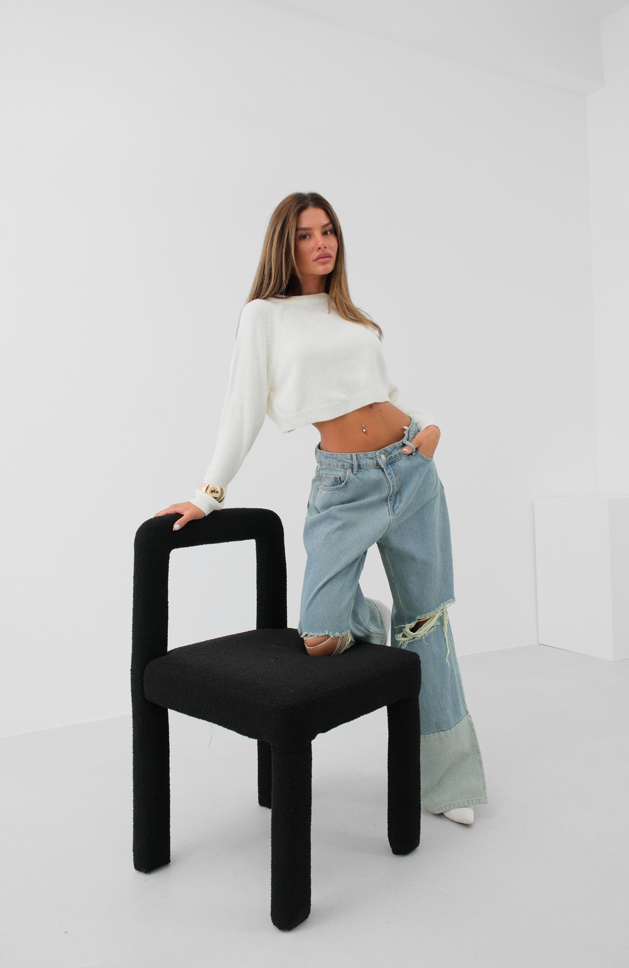 Wide-Leg Laser-Cut Blue Jeans