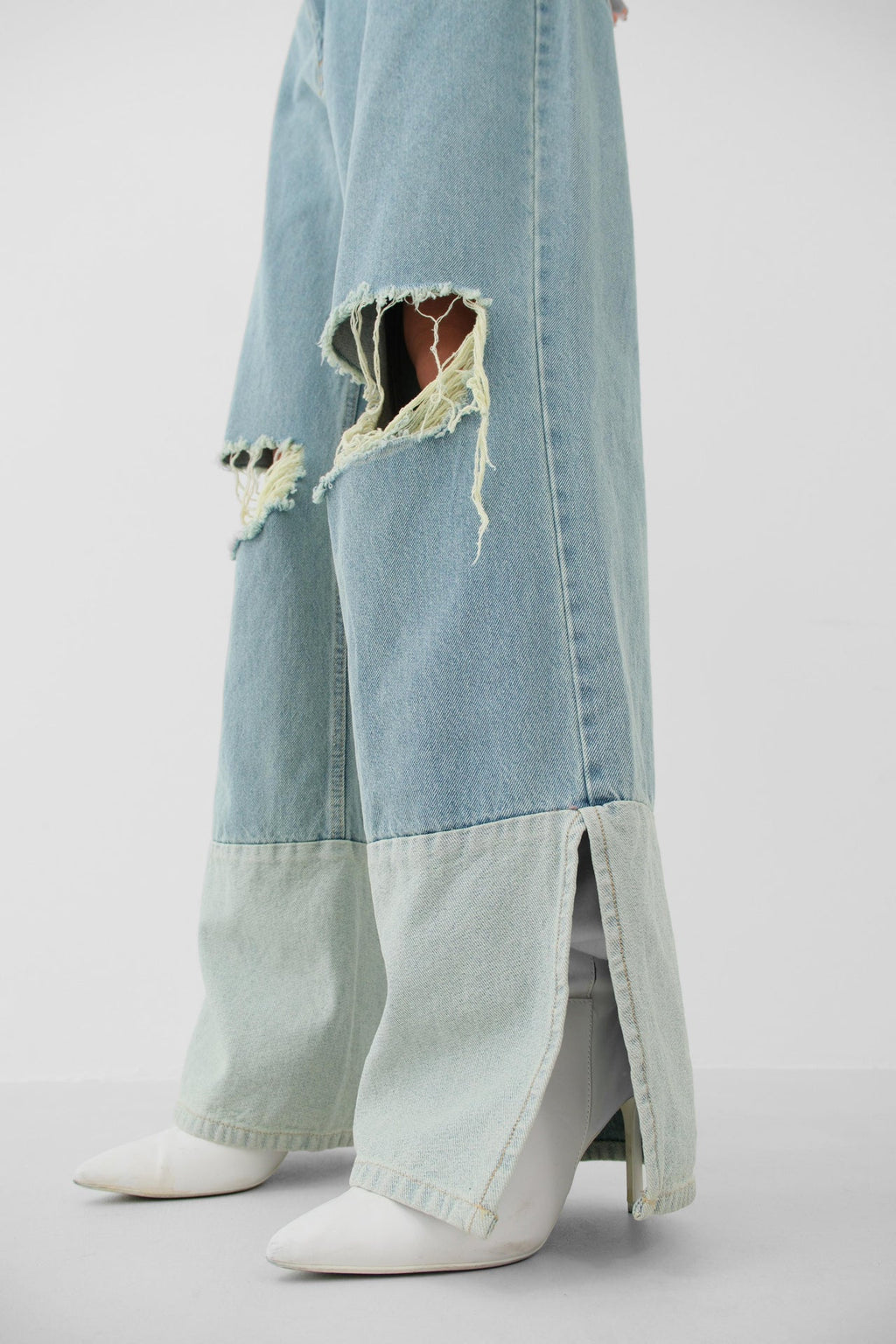 Wide-Leg Laser-Cut Blue Jeans