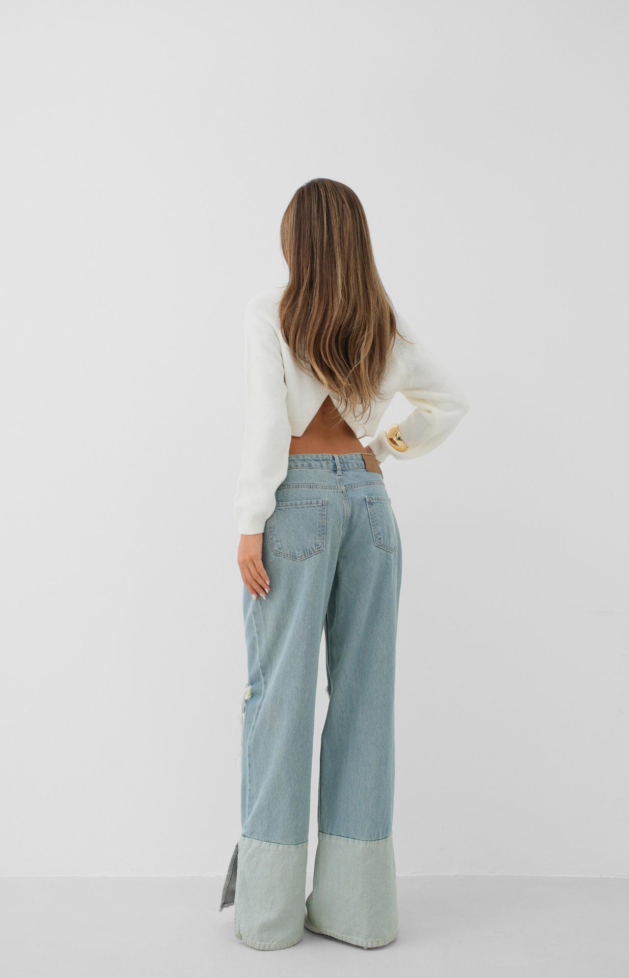 Wide-Leg Laser-Cut Blue Jeans