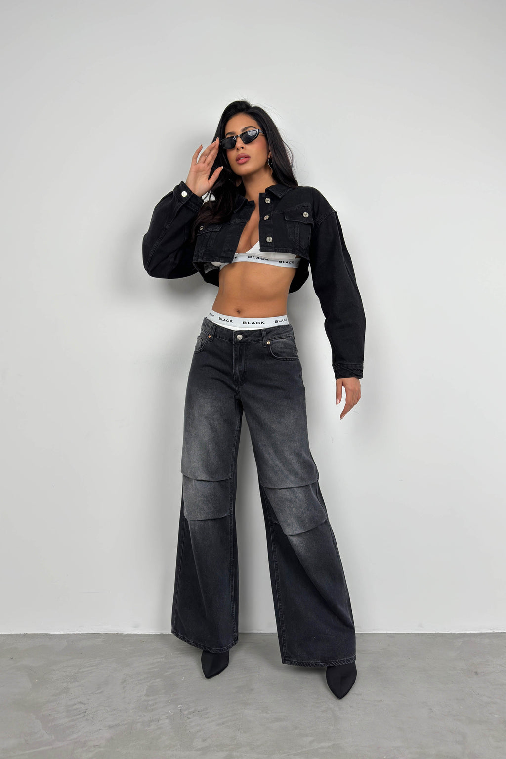 Wide Padded Shoulder Gray Crop Denim Jacket