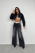 Wide Padded Shoulder Gray Crop Denim Jacket