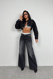 Wide Padded Gray Crop Denim Jacket