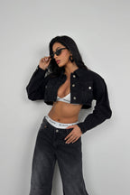 Wide Padded Shoulder Gray Crop Denim Jacket