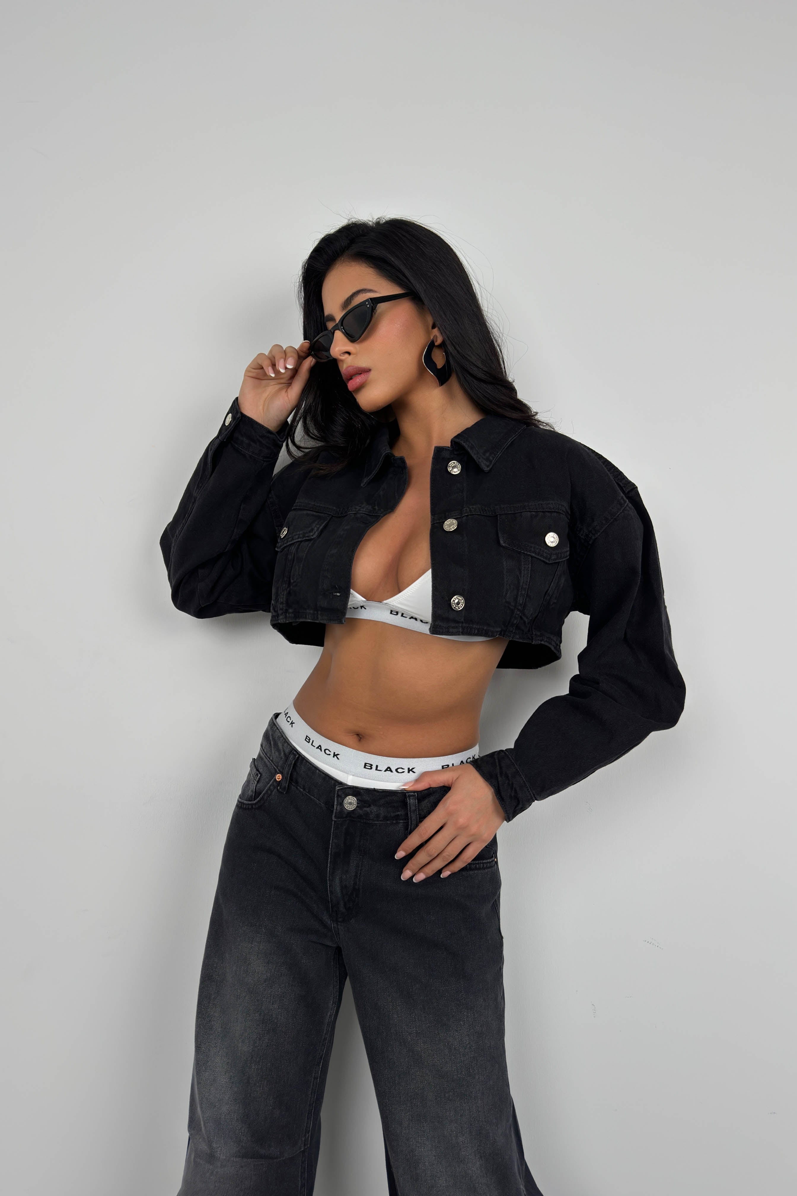 Wide Padded Shoulder Gray Crop Denim Jacket