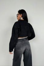 Wide Padded Shoulder Gray Crop Denim Jacket
