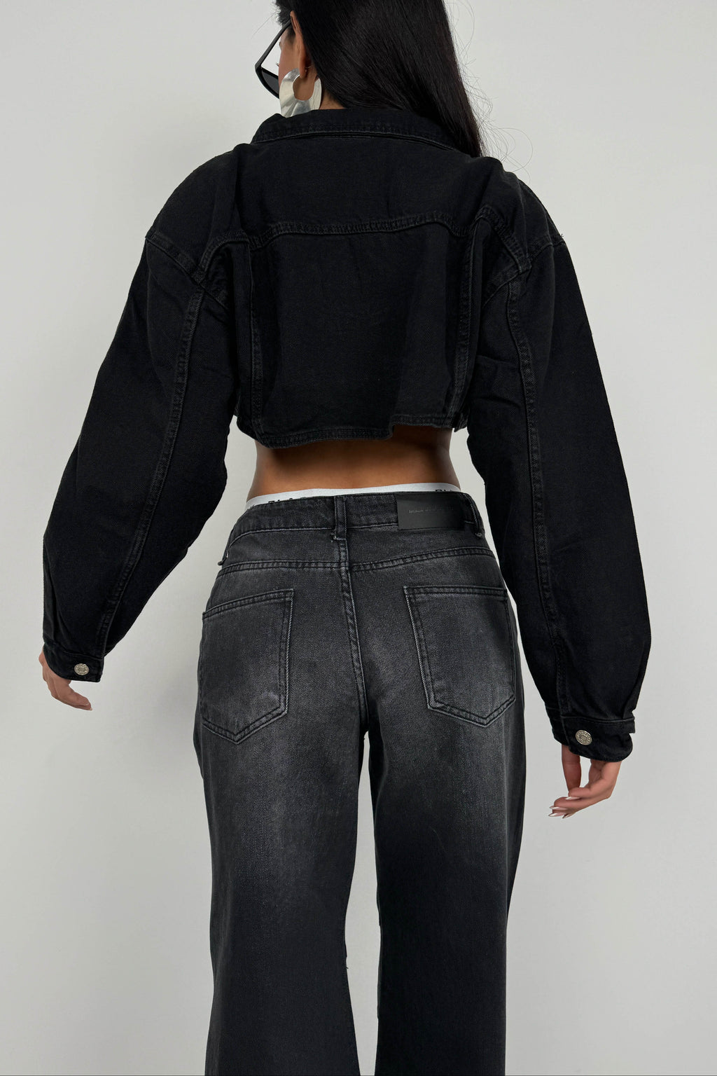 Wide Padded Shoulder Gray Crop Denim Jacket