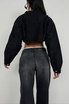Wide Padded Shoulder Gray Crop Denim Jacket