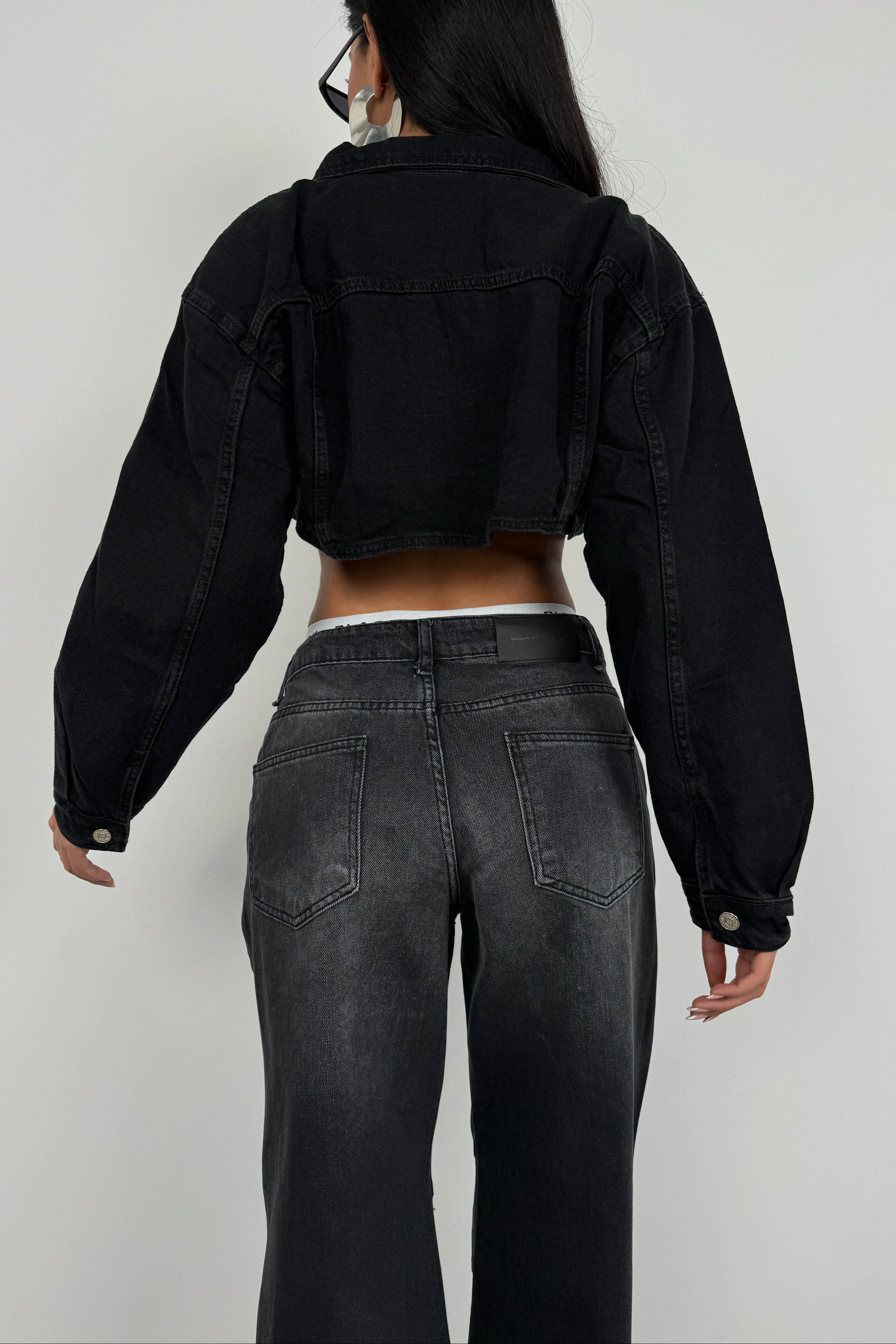Wide Padded Shoulder Gray Crop Denim Jacket