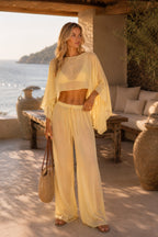 Wide Neck Crop Sheer Blouse High-Waist Pants İkili Yellow Set