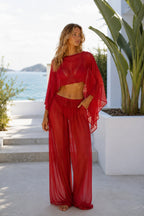 Wide Neck Crop Sheer Blouse High-Waist Pants İkili Red Set
