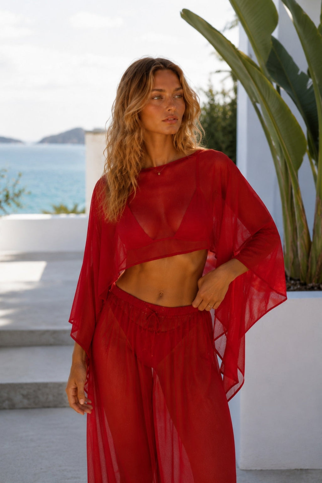 Wide Neck Crop Sheer Blouse High-Waist Pants İkili Red Set