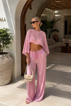 Wide Collar Crop Transparent Blouse High Waist Trousers Pink Two-piece Set