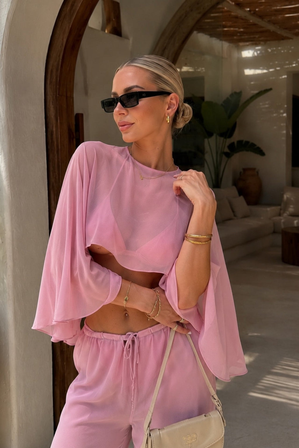 Wide Collar Crop Transparent Blouse High Waist Trousers Pink Two-piece Set
