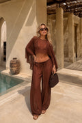 Wide Collar Crop Transparent Blouse High Waist Trousers Brown Double Suit