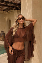 Wide Collar Crop Transparent Blouse High Waist Trousers Brown Double Suit