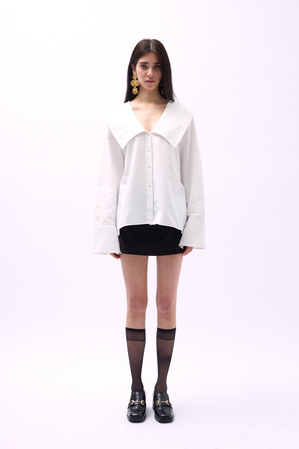 Wide Collar Ruffle Sleeve White Shirt