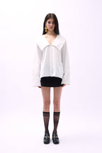 Wide Collar Ruffle Sleeve White Shirt