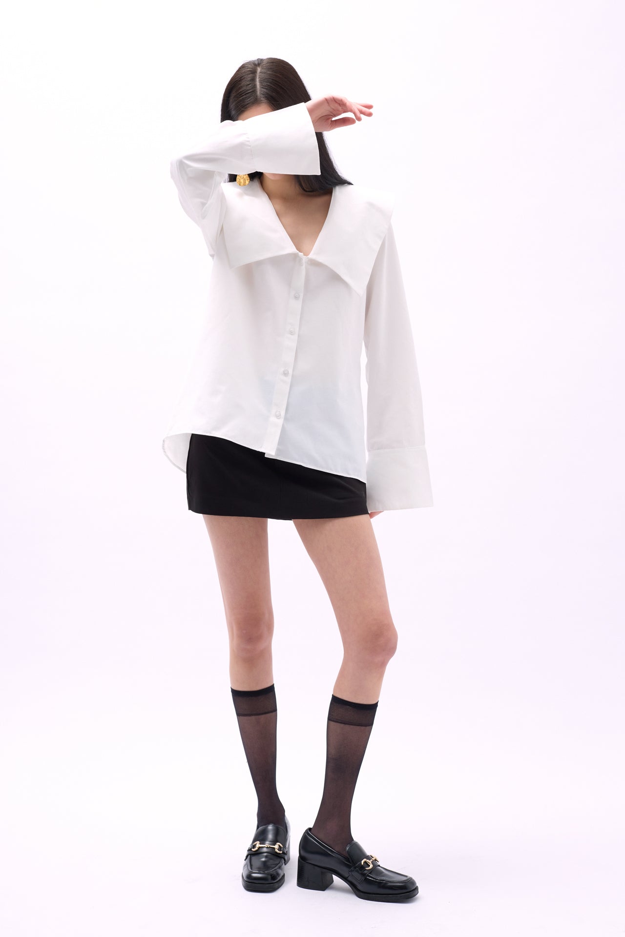 Wide Collar Ruffle Sleeve White Shirt