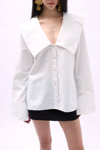 Wide Collar Ruffle Sleeve White Shirt