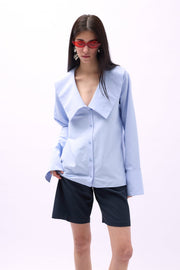 Wide Collar Flounce Sleeve Blue Shirt