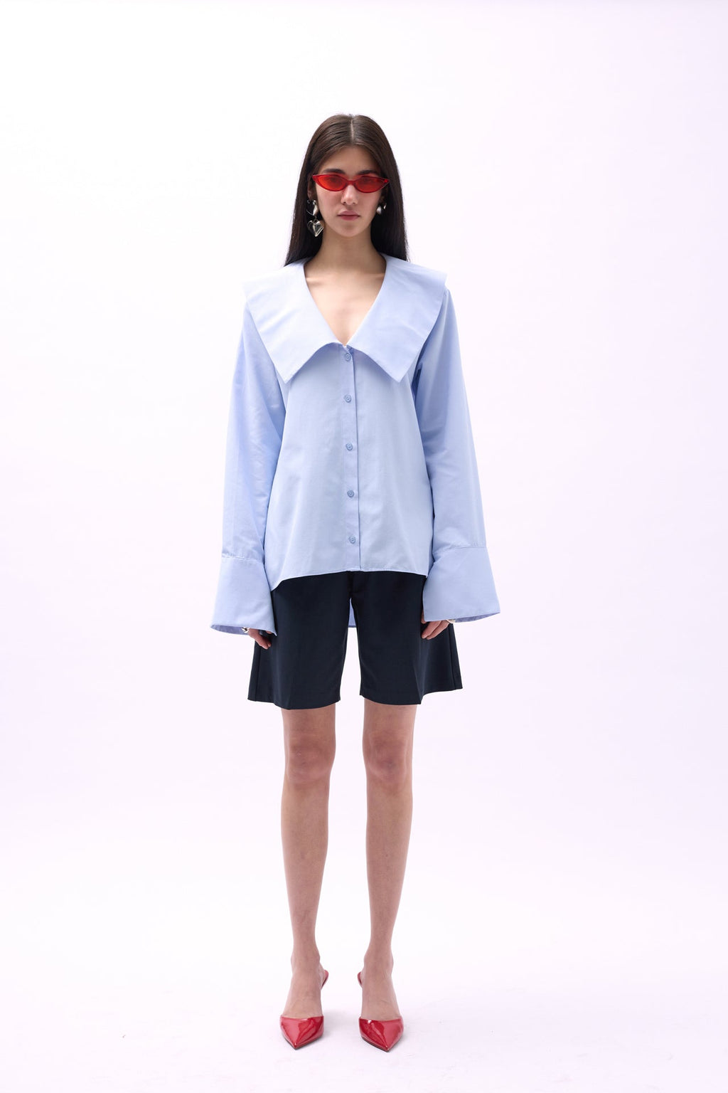 Wide Collar Ruffle Sleeve Blue Shirt