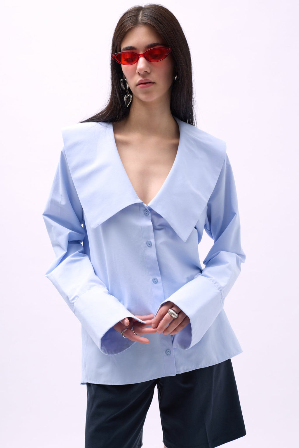 Wide Collar Ruffle Sleeve Blue Shirt