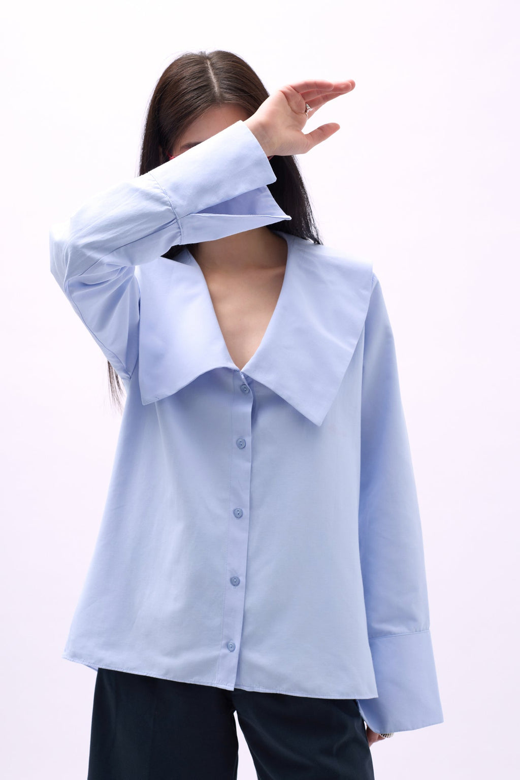 Wide Collar Ruffle Sleeve Blue Shirt