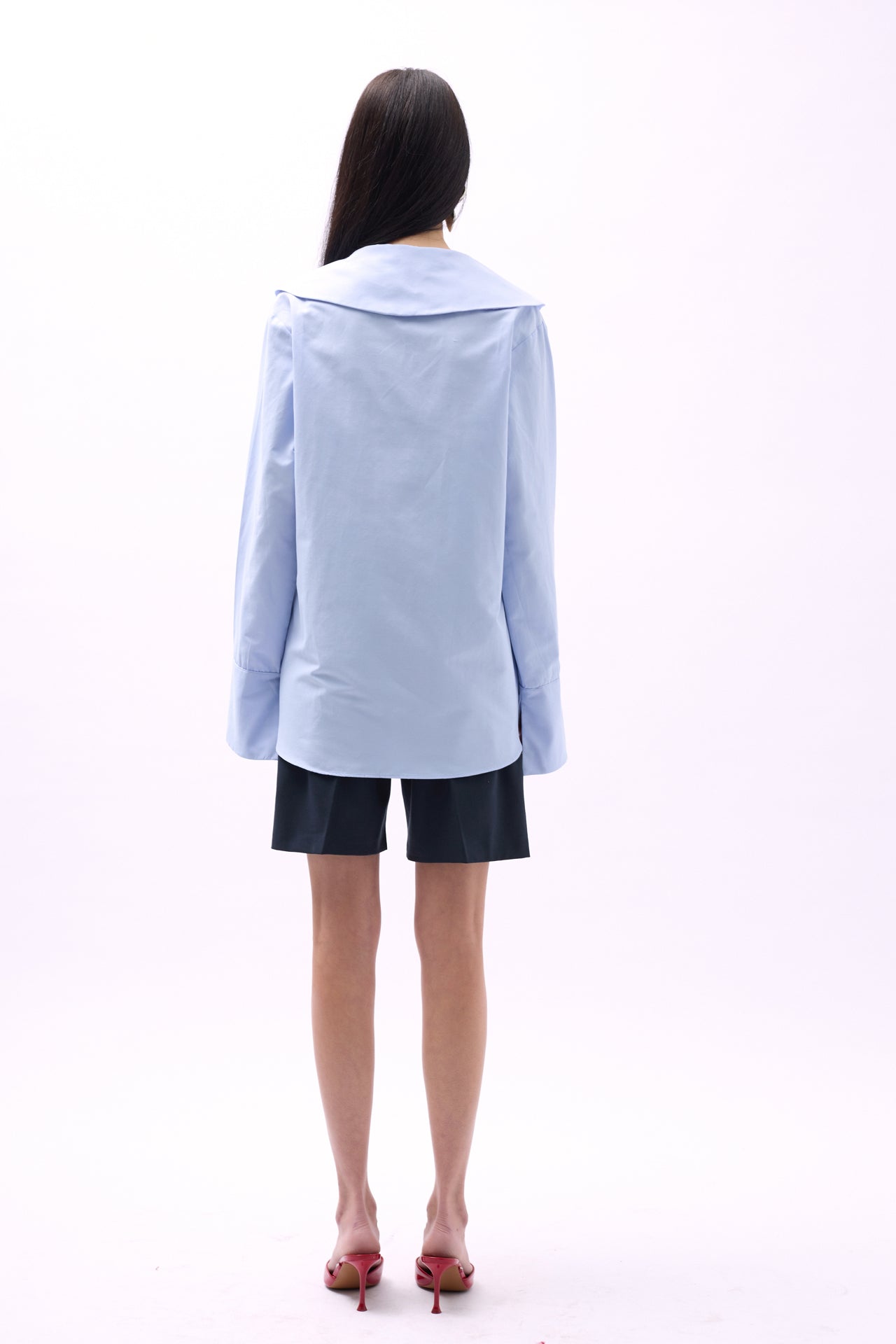 Wide Collar Ruffle Sleeve Blue Shirt