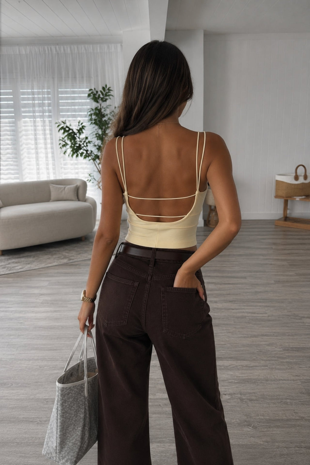 Glop Detail Spaghetti Strap Yellow Basic Top